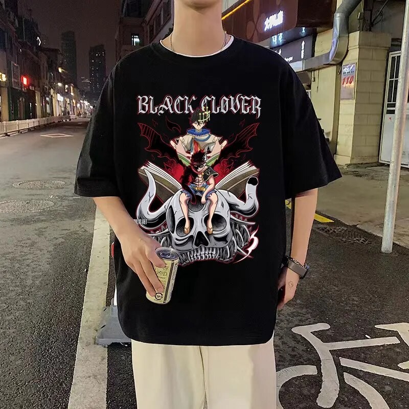 เสื้อยืด ผ้าฝ้าย พิมพ์ลายการ์ตูนอนิเมะ Black Clover Graphic Yuno Grinbellor Asta Skeleton กันหด สําหรับผู้ชาย