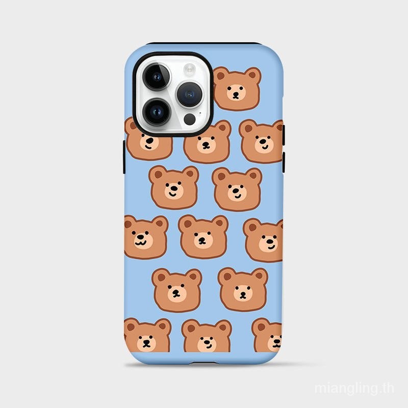 เคสโทรศัพท์มือถือ ฟิล์มสองชั้น ขอบกลม ลายหมี สีฟ้า สําหรับ iPhone11 12 13 14pro iPhone13 14pro 15 สไตล์อินเทรนด์ 14 DGJ7