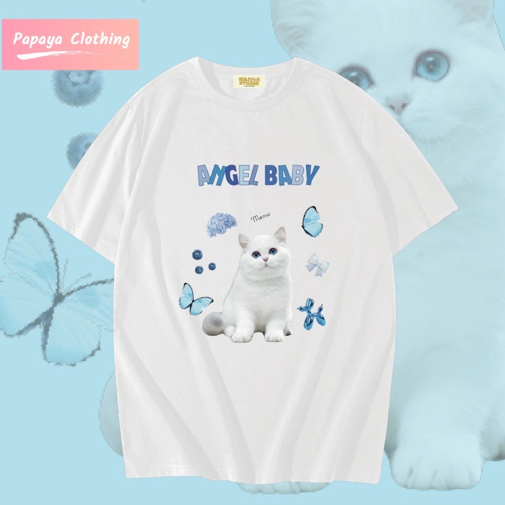 Papaya เสื้อยืดโอเวอร์ไซส์ เสื้อยืดเกาหลี ผ้าคอตตอน100% เสื้อยืด น้องแมว ทาสแมว 0132