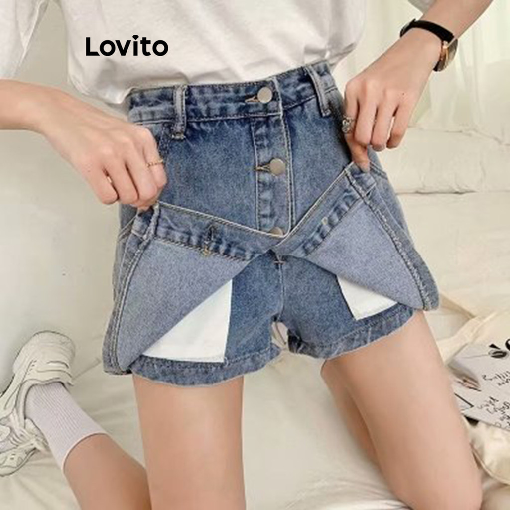 Lovito กางเกงยีนส์ขาสั้นผู้หญิง มีกระดุม สีพื้น สไตล์ลำลอง LNE50547