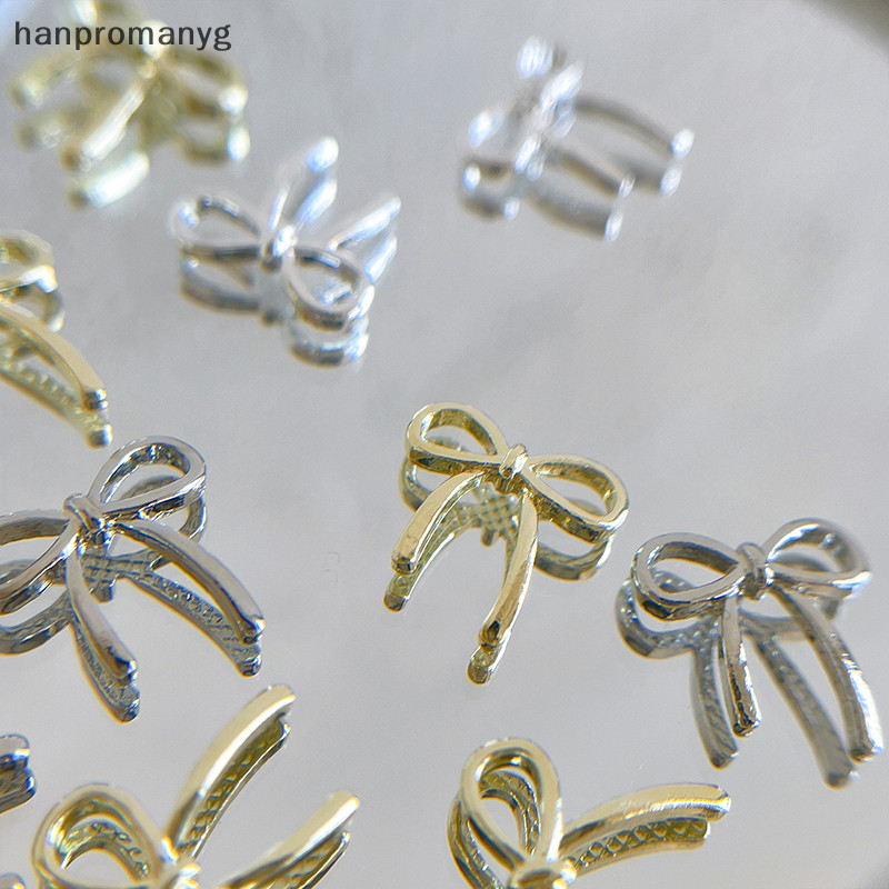 Hanpromanyg ริบบิ้นโบว์ 3D สีเงิน สีทอง สําหรับตกแต่งเล็บ DIY 10 ชิ้น