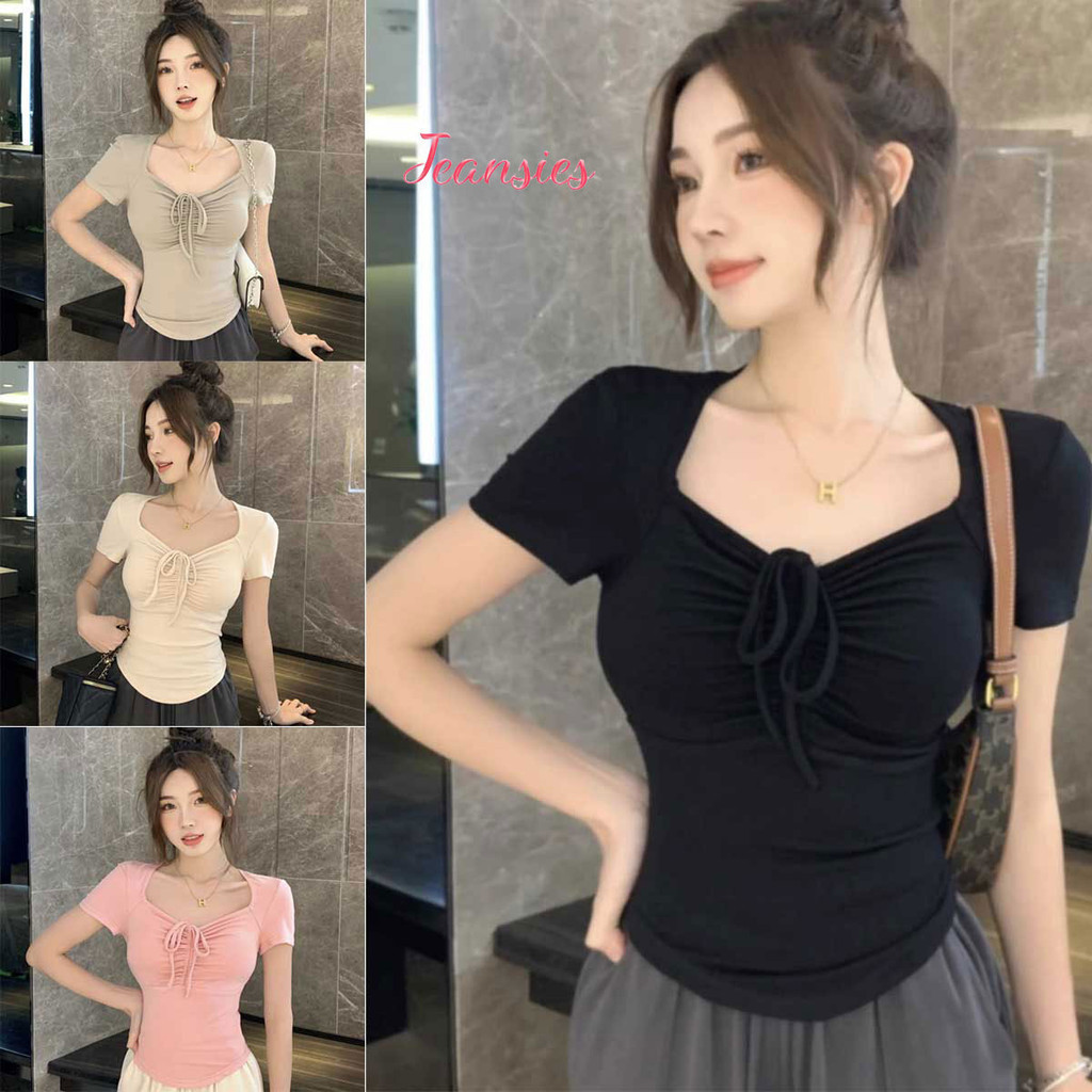เสื้อแขนสั้นสไตล์เกาหลี เข้ารูปทรงสวย สีพื้น เเต่งผูกโบว์หน้าน่ารักๆ