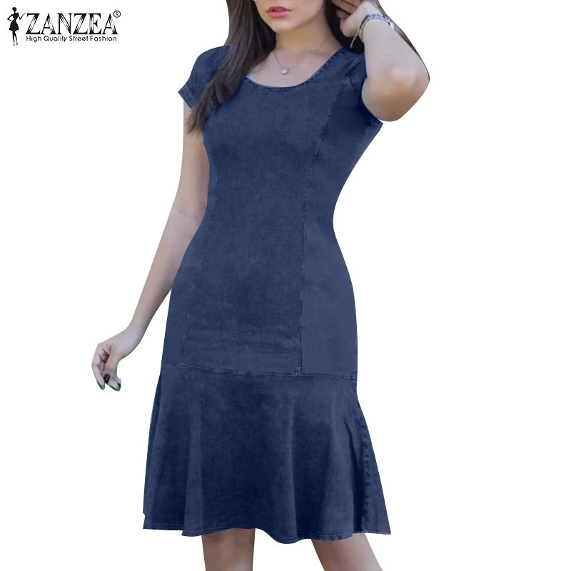 Zanzea ชุดเดรสยีน แขนสั้น ทรงหางปลา สไตล์สตรีท ลําลอง แฟชั่นสําหรับผู้หญิง
