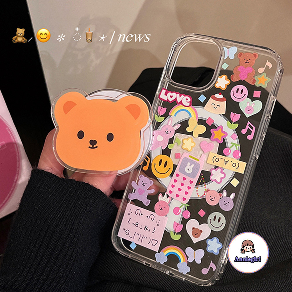 เคสโทรศัพท์มือถือแบบแข็ง ใส กันกระแทก ลายการ์ตูนหมี พร้อมที่ตั้งวางแม่เหล็ก สําหรับ IPhone 11 15 14 Pro Max 12pro 13 Promax XS XR 7 8plus