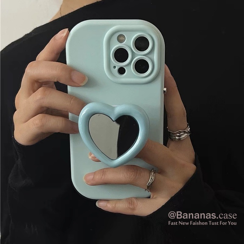 เคสโทรศัพท์มือถือนิ่ม ลายหัวใจ สีฟ้า พร้อมกระจกขาตั้ง สําหรับ iPhone 15 14 13 12 11 Pro Max X XR XS Max 7 8 Plus SE2020