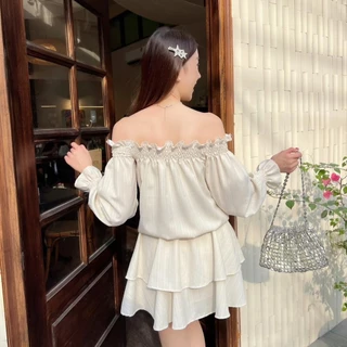 Emma mini dress : เดรสปาดไหล่แขนยาว แต่งจั้มเอว ชายระบาย2ชั้น เนื้อผ้าลายเปลือกไม้ KN.Clothes