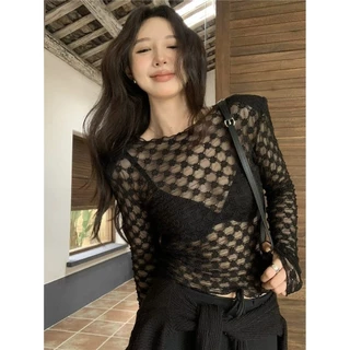 💋Pink girl💋เสื้อซีทรูคอกลม คอกลม ดีเทลลูกไม้ซีทรู เสื้อถักไหมพรมแขนยาวผ้านิ่ม เสื้อแฟชั่นผู้หญิง ชุดเล่นสงกรานต์ ’U092"
