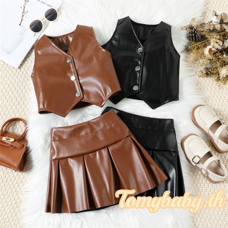 Tomybaby-เด็กทารก 2 ชิ้นชุดหนังคอวีแขนกุดปุ่มขึ้นเสื้อกั๊ก + กระโปรงจีบฤดูร้อนชุด