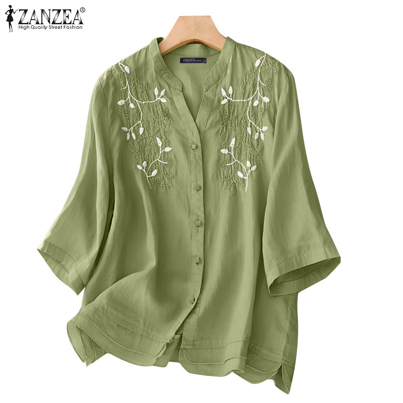 ZANZEA ซานเซีย ผู้หญิงเกาหลีทุกวันยืนปกแขนสามในสี่ปุ่มดอกไม้เย็บปักถักร้อยเสื้อ
