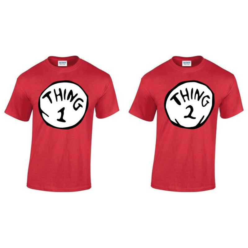 Thing One 1 And Thing Two 2 เสื้อยืดคู่รักเครื่องแต่งกายตลก Twins Fancy Dress Top