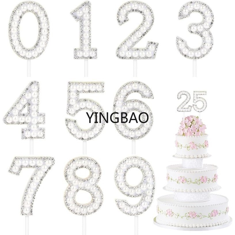 ท็อปเปอร์อะคริลิค รูปตัวเลข 0-9 ประดับไข่มุก แวววาว สําหรับตกแต่งเค้กวันเกิด งานแต่งงาน ครบรอบ