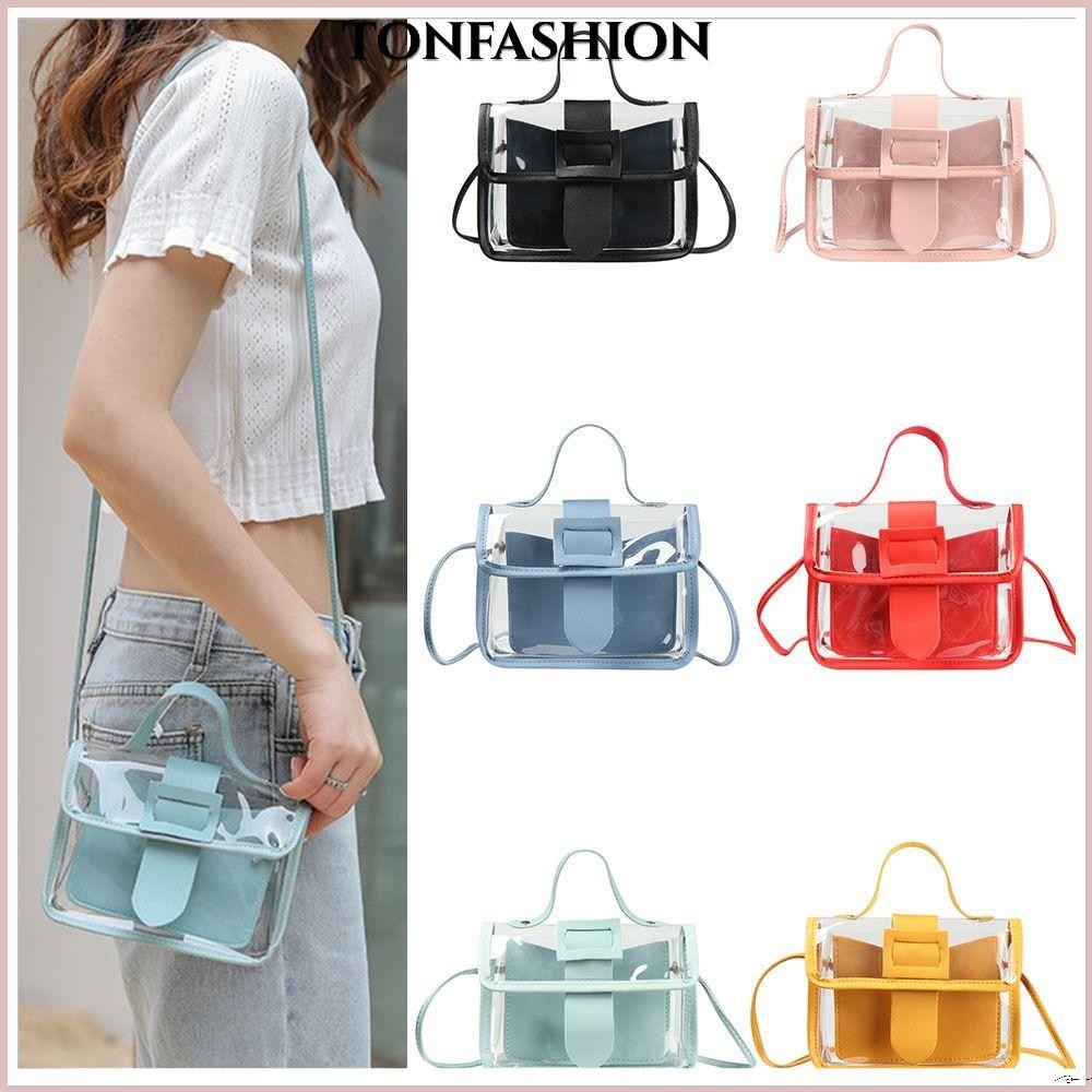 Tonfashion กระเป๋าสะพายไหล่ กระเป๋าถือ PVC แบบใส สีแคนดี้ สําหรับผู้หญิง