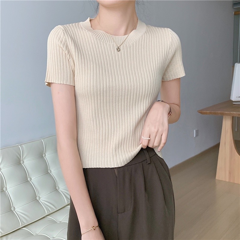 [9 สี] เสื้อเชิ้ตแขนสั้น คอกลม ผ้าเรยอนถัก สีพื้น สไตล์เกาหลี สําหรับผู้หญิง
