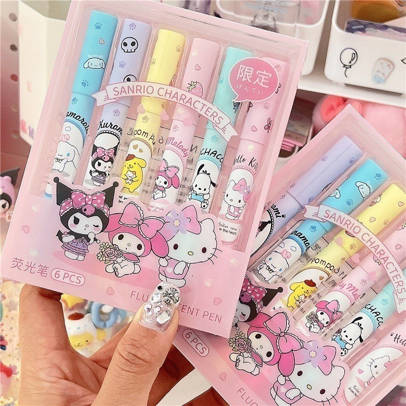 6 ชิ้น / กล่อง Sanrio ปากกาไฮไลท์ Kawaii การ์ตูน Cinnamoroll Kitty Melody Marking ปากกาวาดภาพ Doodling ชุดปากกาอุปกรณ์เครื่องเขียน