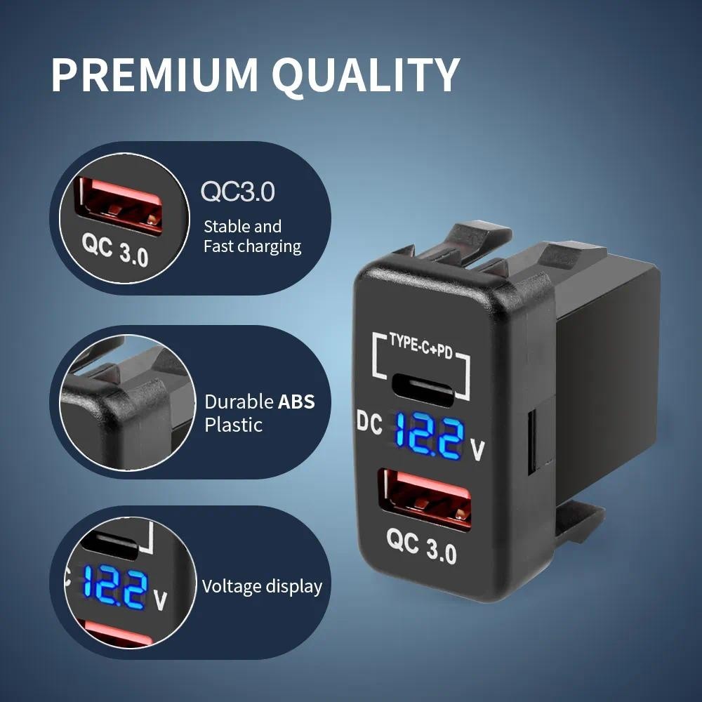 อะแดปเตอร์ซ็อกเก็ตชาร์จในรถยนต์ 12V-24V พอร์ต USB คู่ พร้อมจอแสดงผลแรงดันไฟฟ้า สําหรับ Toyota Auto Accessories 40X22 มม.
