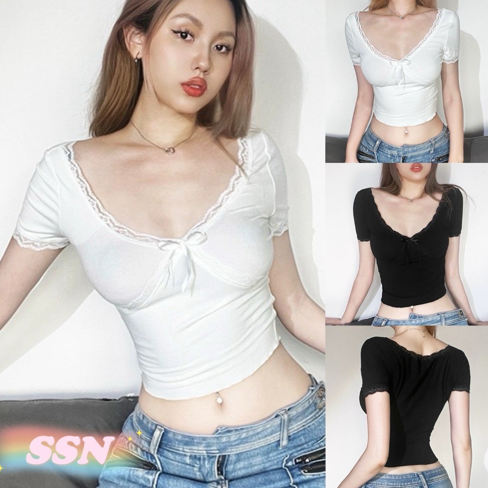 ShineSatin เสื้อยืดแขนสั้นสีทึบแฟชั่นใหม่ เสื้อยืดคอวีทรงสลิมฟิตลูกไม้เซ็กซี่ 171