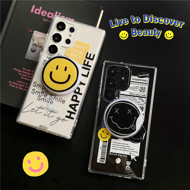 เคสอะคริลิคใส แม่เหล็ก ลายหน้ายิ้ม มีขาตั้งแม่เหล็ก กันกระแทก สำหรับ Samsung S26 Ultra, S25 Ultra, S24 Ultra, S23 Ultra, S22 Ultra, A56, A17, A07