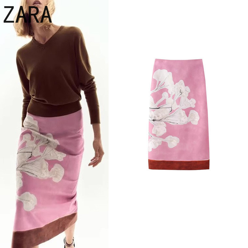 Zara กระโปรงเอวสูง ผ้าลินิน พิมพ์ลาย ทรงตรง 2394119