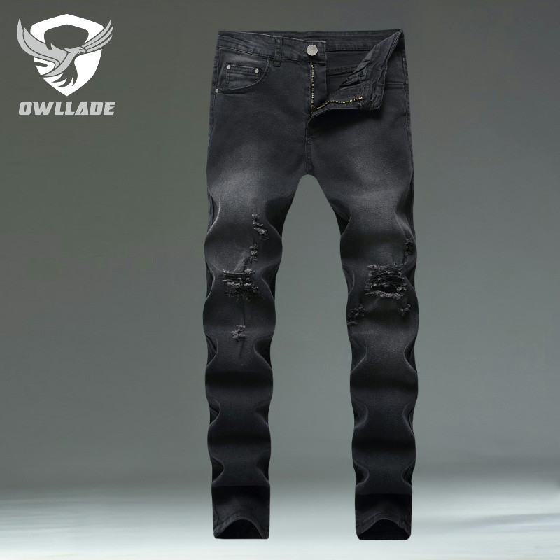 Eaglade Ripped Skinny Slim Fit Jeans สําหรับผู้ชาย 8017 สีดํายืดได้