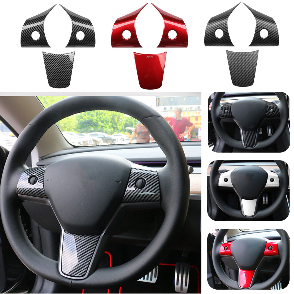 Tesla รุ ่ น 3 รุ ่ น Y พวงมาลัยรถฝาครอบป ้ องกัน Trim สติกเกอร ์ ABS คาร ์ บอนไฟเบอร ์ Patch อุปกรณ ์ ตกแต ่ ง