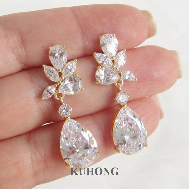 Kuhong ใส ลูกบาศก์ เพทาย ต่างหูห้อย ผู้หญิง สําหรับหมั้น งานแต่งงาน สง่างาม เลดี้ ต่างหู ปาร์ตี้ เครื่องประดับแฟชั่น