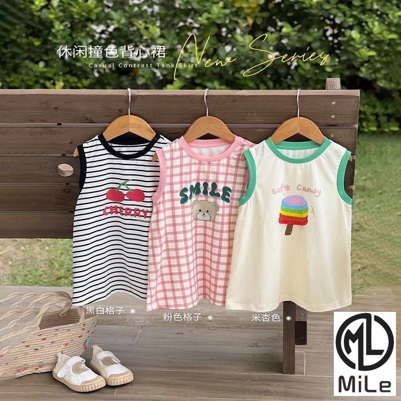 [ML] ใหม่ ชุดเดรสเสื้อยืดแขนกุด ลายทาง ขนาดเล็ก 90-140 ซม. แฟชั่นฤดูร้อน สําหรับเด็ก