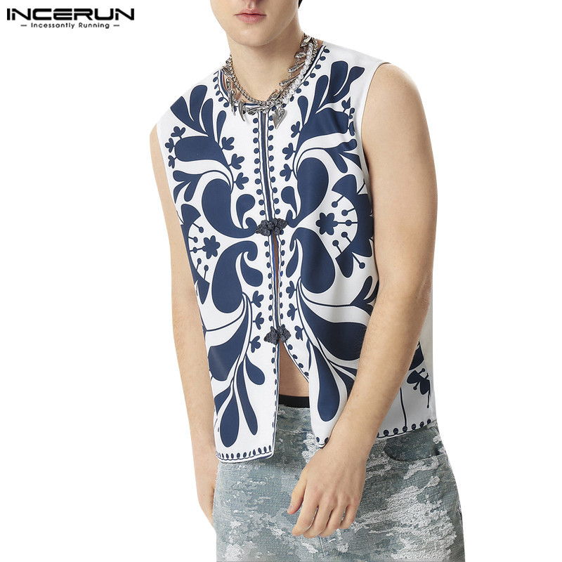 Incerun ชุดกิโมโน แขนกุด ลายดอกไม้ ติดกระดุม สไตล์วินเทจ แฟชั่นสําหรับผู้ชาย