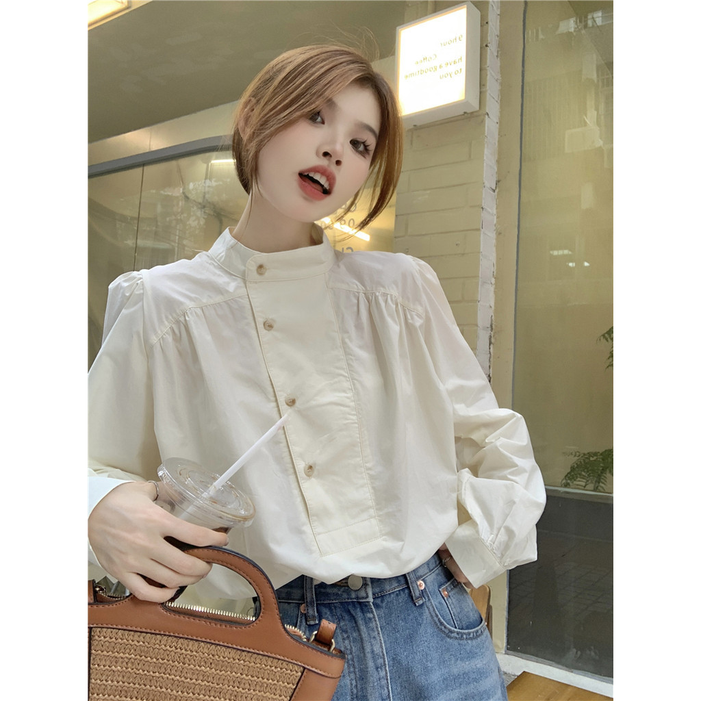 เสื้อเชิ้ตแขนยาว คอตั้ง ทรงหลวม แฟชั่นฤดูใบไม้ผลิ สไตล์เรโทร สําหรับผู้หญิง 240321