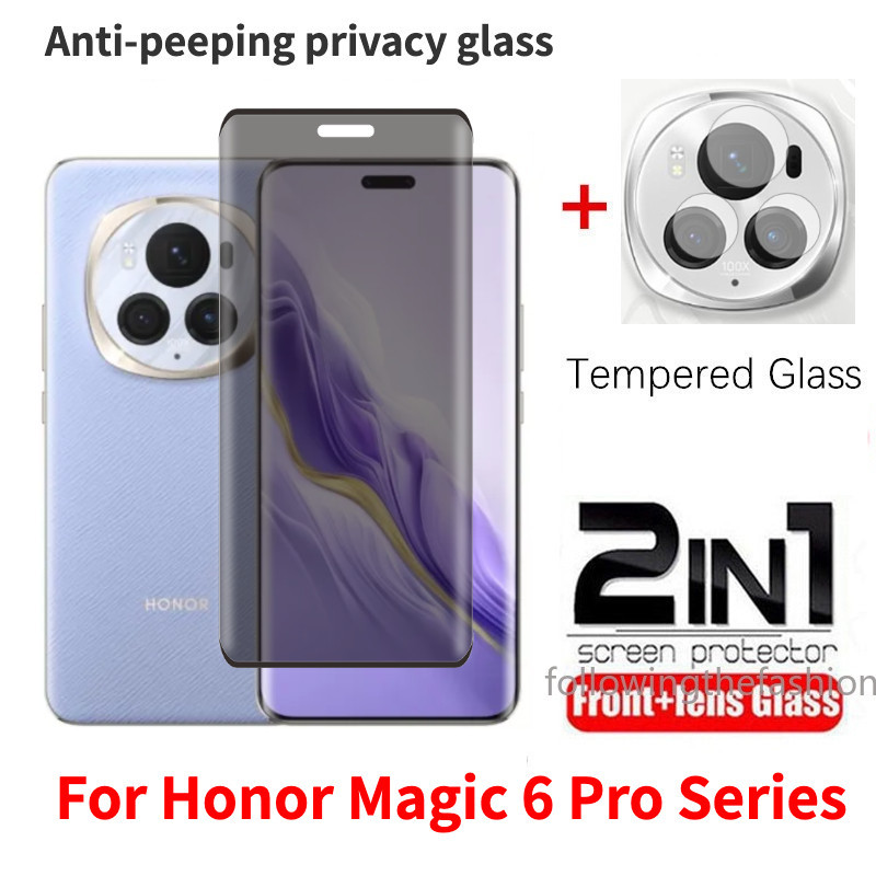 2 in 1 ฟิล์มกระจกนิรภัยกันรอยหน้าจอ 3D กันแอบมอง สําหรับ Honor Magic 6 Pro 5G Magic6 6Pro 5 Lite 2024