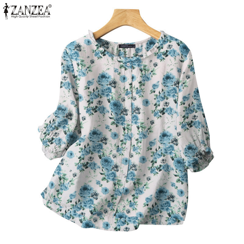 Zanzea เสื้อลําลอง คอกลม แขน 3/4 พิมพ์ลายดอกไม้ สไตล์เกาหลี สําหรับผู้หญิง