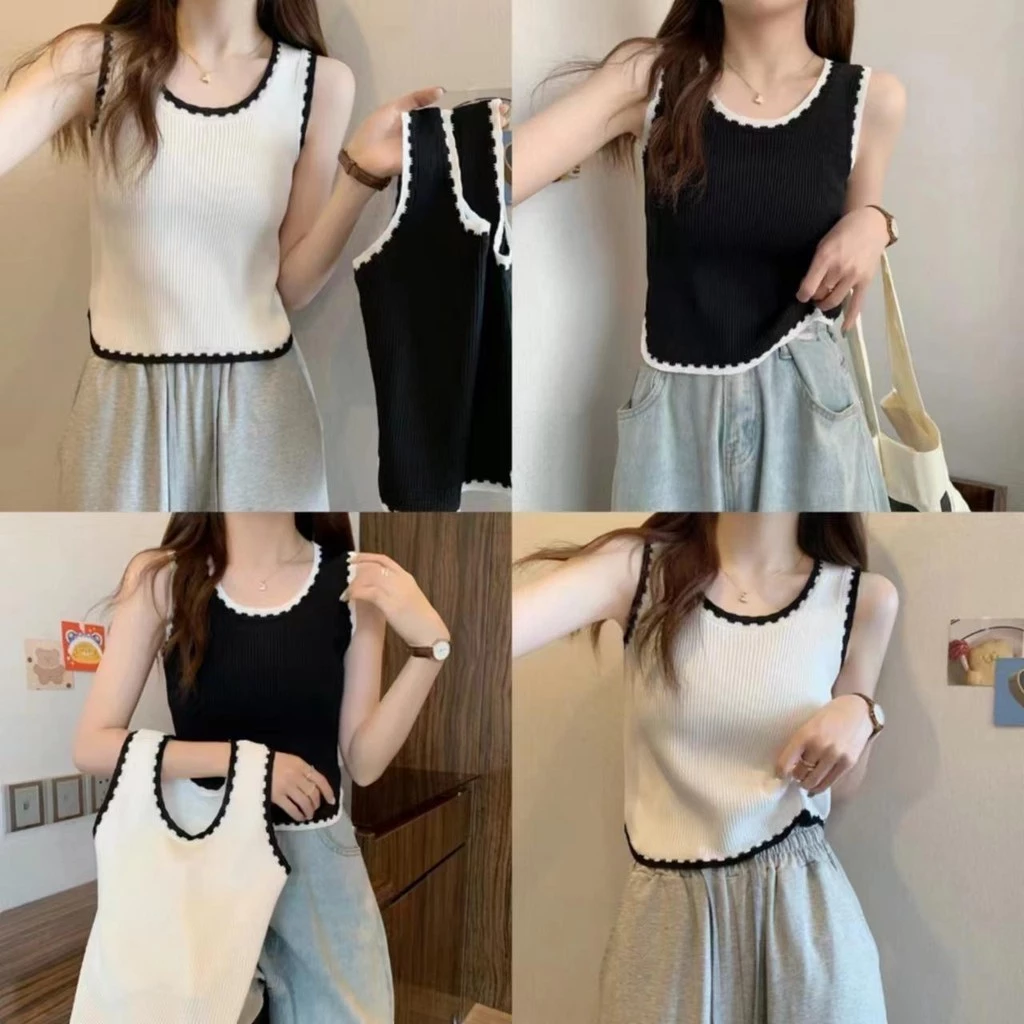 เสื้อผู้หญิง แนวน่ารักมินิมอล เสื้อกล้ามไหมพรม มี2สีสีขาวสีดำ *พร้อมส่ง* #26cx18