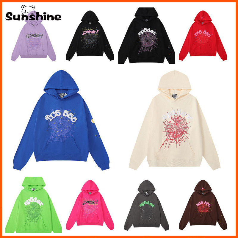 Sp5der สไตล์เดียวกับคนดังรุ่นใหม่ 555555 เสื้อฮู้ดดี้ พิมพ์ลาย สีชมพู และกางเกง สําหรับผู้ชาย และผู้