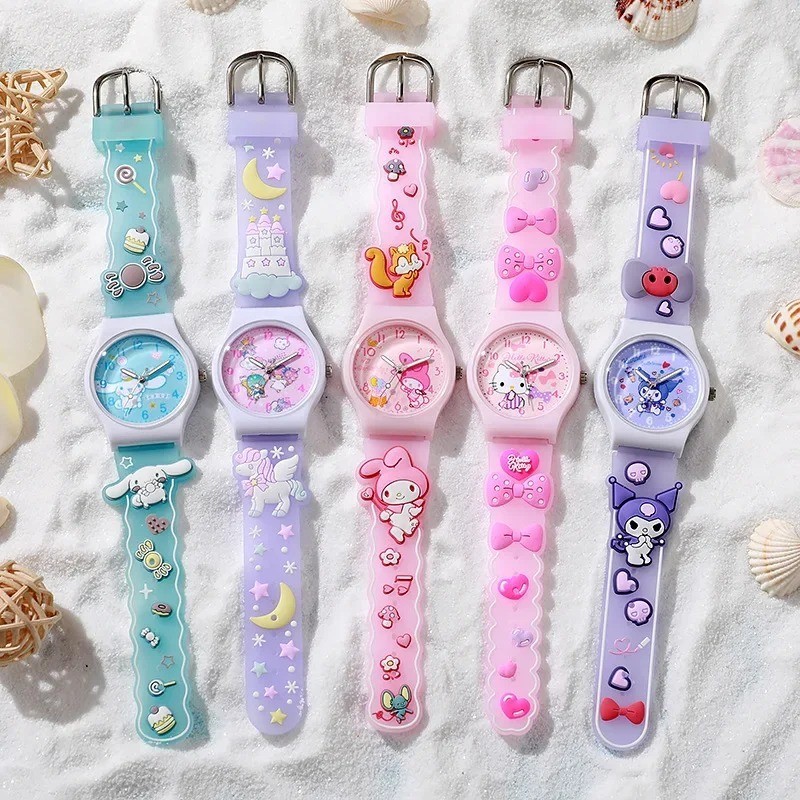 Sanrio นาฬิกาข้อมือควอตซ์แฟชั่น กันน้ํา ลายการ์ตูนคิตตี้ Cinnamoro 3D สําหรับเด็ก