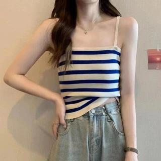 เสื้อสายเดี่ยว ผ้าไหมพรม ลายทาง ใส่ฤดูร้อน น่ารักๆสุดๆ เทรนด์ยอดนิยม มี4สี พร้อมส่ง E-M0511