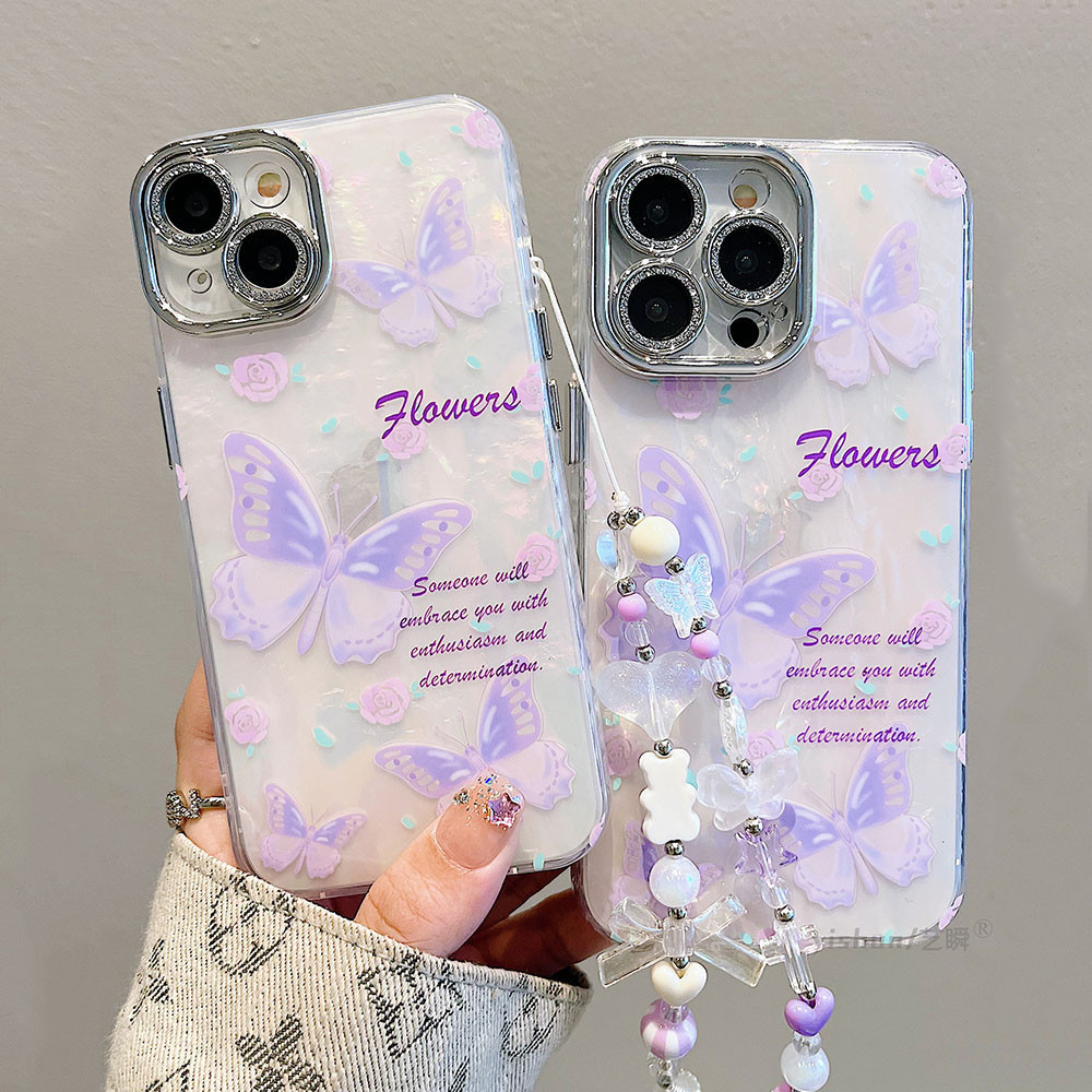 เคสโทรศัพท์มือถือแฟชั่น แบบนิ่ม กันกระแทก ลายผีเสื้อสีม่วง พร้อมสายโซ่คล้อง สําหรับ iPhone 15 Pro Max 14pro iPhone 11 12 13 14 Pro Max 12promax