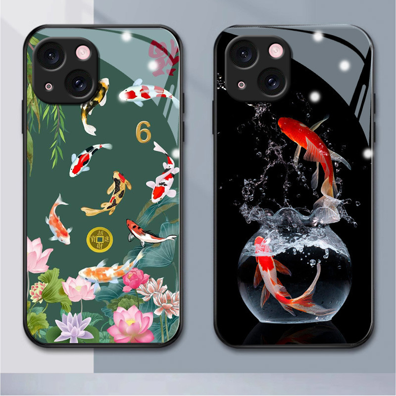 เคสโทรศัพท์มือถือแบบแก้ว ลายปลาคาร์พ สําหรับ iPhone 15 15plus 15pro 11 11pro 11promax 12 12mini 12pro 12promax 13 13mini 13pro 13promax 14 14plus promax x xr 6 7 8 6plus 7 8plus (HB1-1292)