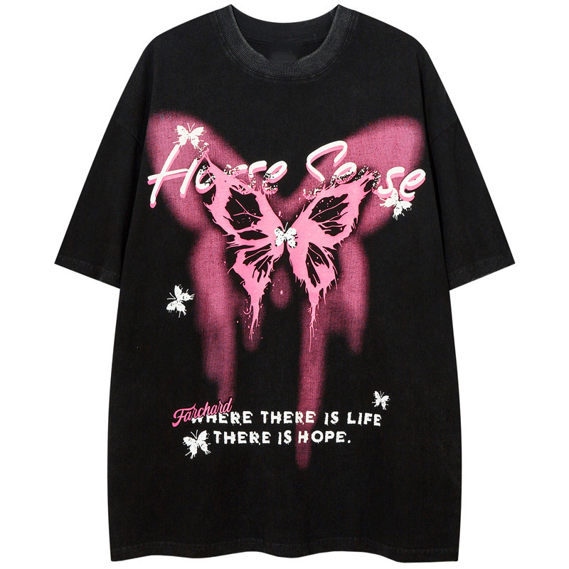 （จัดส่งตลอด 24 ชั่วโมง）Angle Official พิมพ์ลายผีเสื้อ เพ้นท์มือ สไตล์สตรีท อเมริกัน ฤดูร้อน สําหรับผู้ชาย คู่รัก