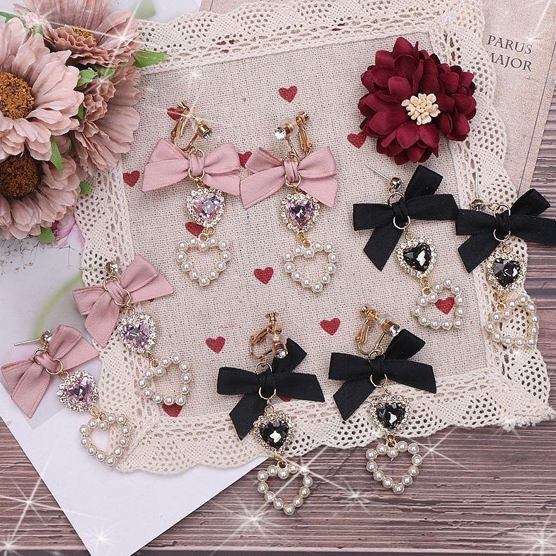 F & X Mine ต่างหูเงิน 925 ประดับโบว์ ไข่มุก พลอยเทียม รูปหัวใจน่ารัก สไตล์ญี่ปุ่น สําหรับผู้หญิง y2k