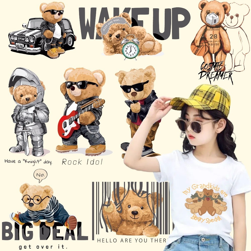 หมีเท็ดดี้ใหม่การ์ตูนถ่ายเทความร้อนสติ๊กเกอร์ปั๊มร้อน แฟชั่นหมีน้อยสติ๊กเกอร์การนำความร้อน ล้างทำความสะอาดได้สติ๊กเกอร์ผ้าสติ๊กเกอร์ DIY เสื้อยืดกระเป๋าตุ๊กตาหมีตกแต่งของขวัญ