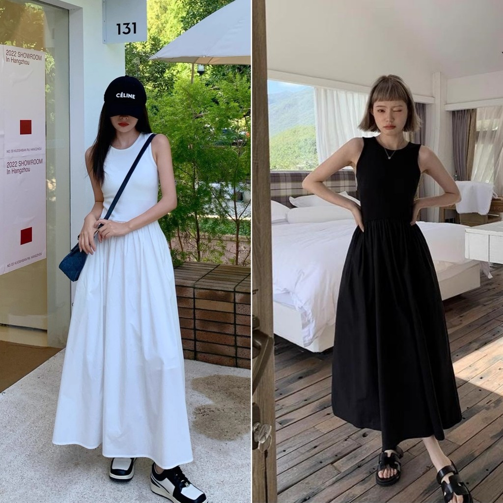 cherryshop🍒พร้อมส่ง เดรสยาว ชุดเดรสสวยหรูดูแพง ทรงสลิมฟิตแขนกุด เหมาะสำหรับฤดูร้อน สไตล์วันหยุดริมทะเล