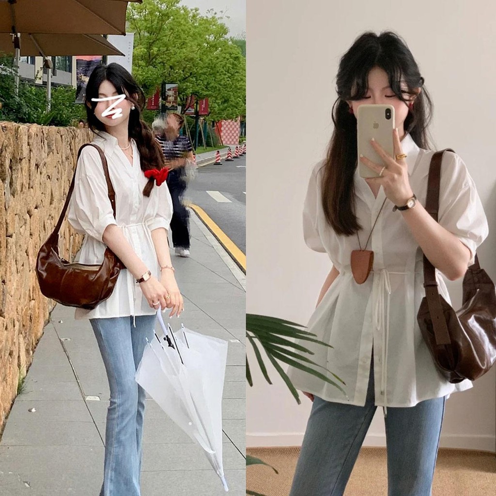 Dahong💖  เสื้อเบลาส์ลําลอง คอวี แขนสั้น แฟชั่นฤดูร้อน สไตล์เกาหลี สําหรับผู้หญิง W473