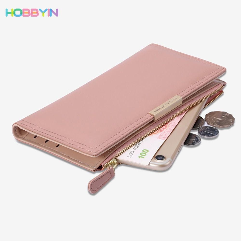 HOBBYIN กระเป๋าสตางค์ ใบยาว หนัง PU ใส่บัตรได้หลายช่อง แบบพกพา สไตล์เกาหลี สําหรับผู้หญิง