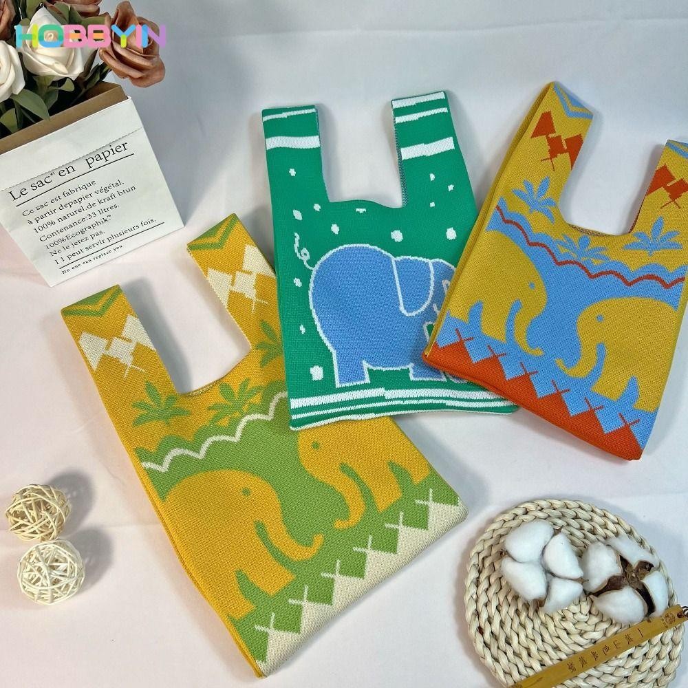 HOBBYIN กระเป๋าช้อปปิ้ง ผ้าถัก ทรงโท้ท แฮนด์เมด ขนาดใหญ่ ลายการ์ตูนช้าง สไตล์ชนเผ่า สําหรับผู้หญิง