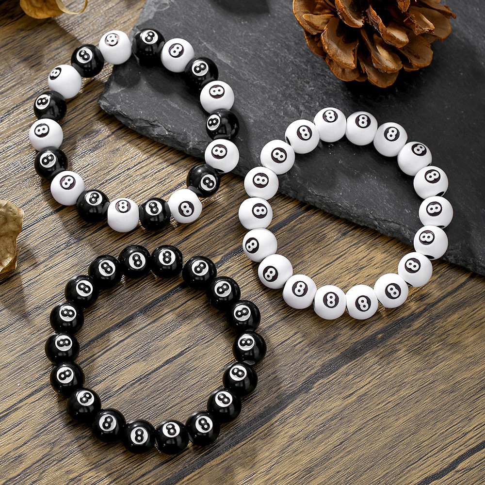 สร้อยข้อมือคู่รัก 8 Ball สีดํา Billiard-Themed Elastic Beaded Handmade