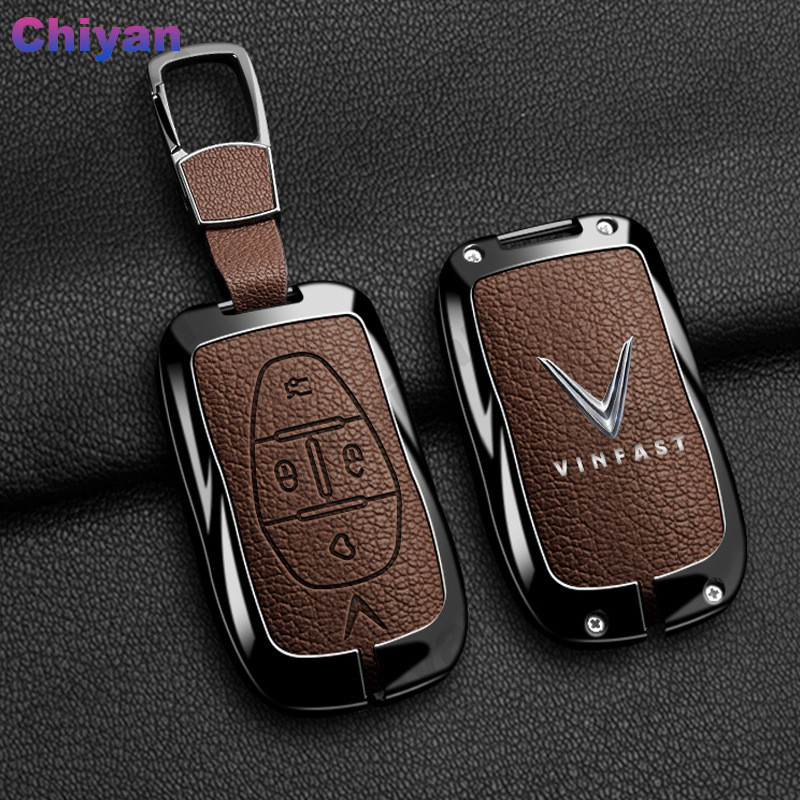 สังกะสีอัลลอยด์ Goatskin หนังรถ Remote Key Fob ฝาครอบพวงกุญแจปุ่มป้องกันอุปกรณ์เสริมสําหรับ VinFast 