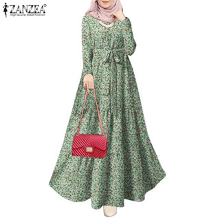 ZANZEA ซานเซีย ผู้หญิงมุสลิมดอกไม้พิมพ์ปุ่มข้อเท้าความยาวแขน…