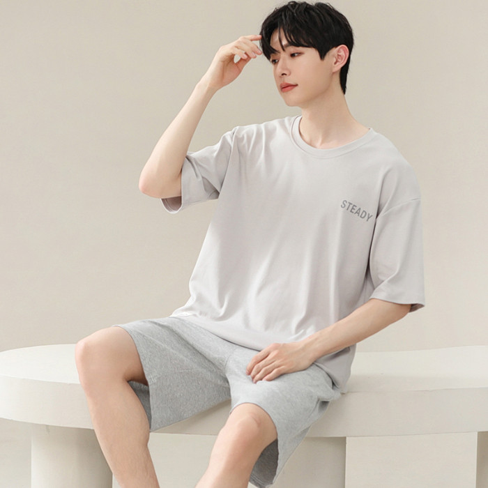 L-4xl ชุดนอนผู้ชาย Modal Plus ขนาดชุดนอนชุดฤดูร้อนผ้าฝ้ายแขนสั้นชุดนอน man สีทึบสไตล์เรียบง่าย Loungewear บาง