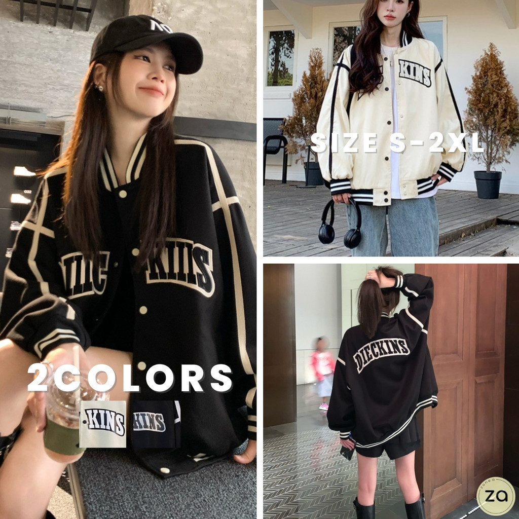 HOT SALE เสื้อแจ็คเก็ตแต่งแถบ แต่งลาย DIEC KINS 2 สี กระดุมแป๊ก ผ้าโพลีเอสเตอร์
