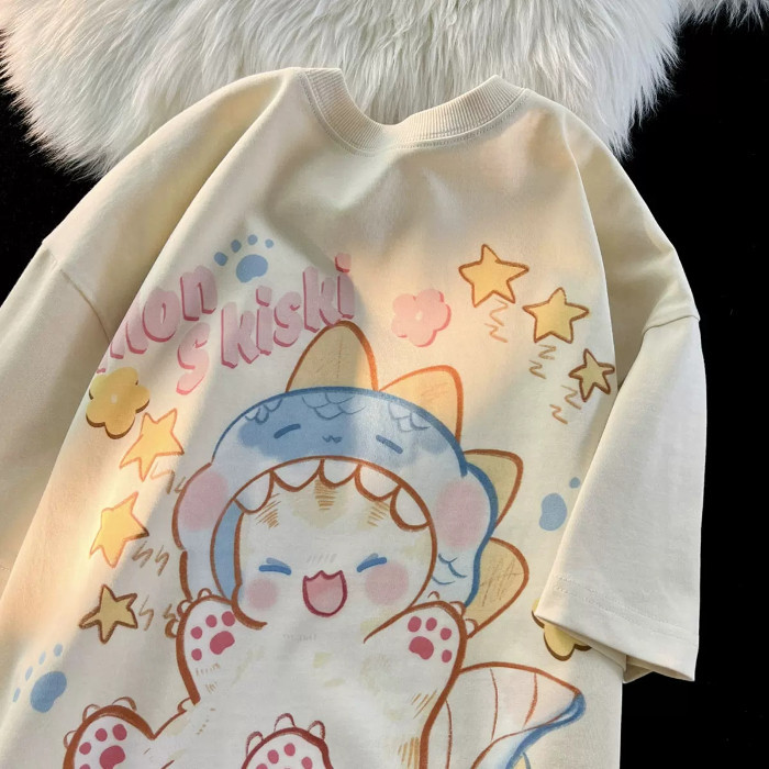 【Polyester】เสื้อยืดคอกลม แขนสั้น พิมพ์ลายน่ารัก ทรงหลวม สไตล์เกาหลี เรโทร อเนกประสงค์ แฟชั่นฤดูร้อน สําหรับผู้หญิง