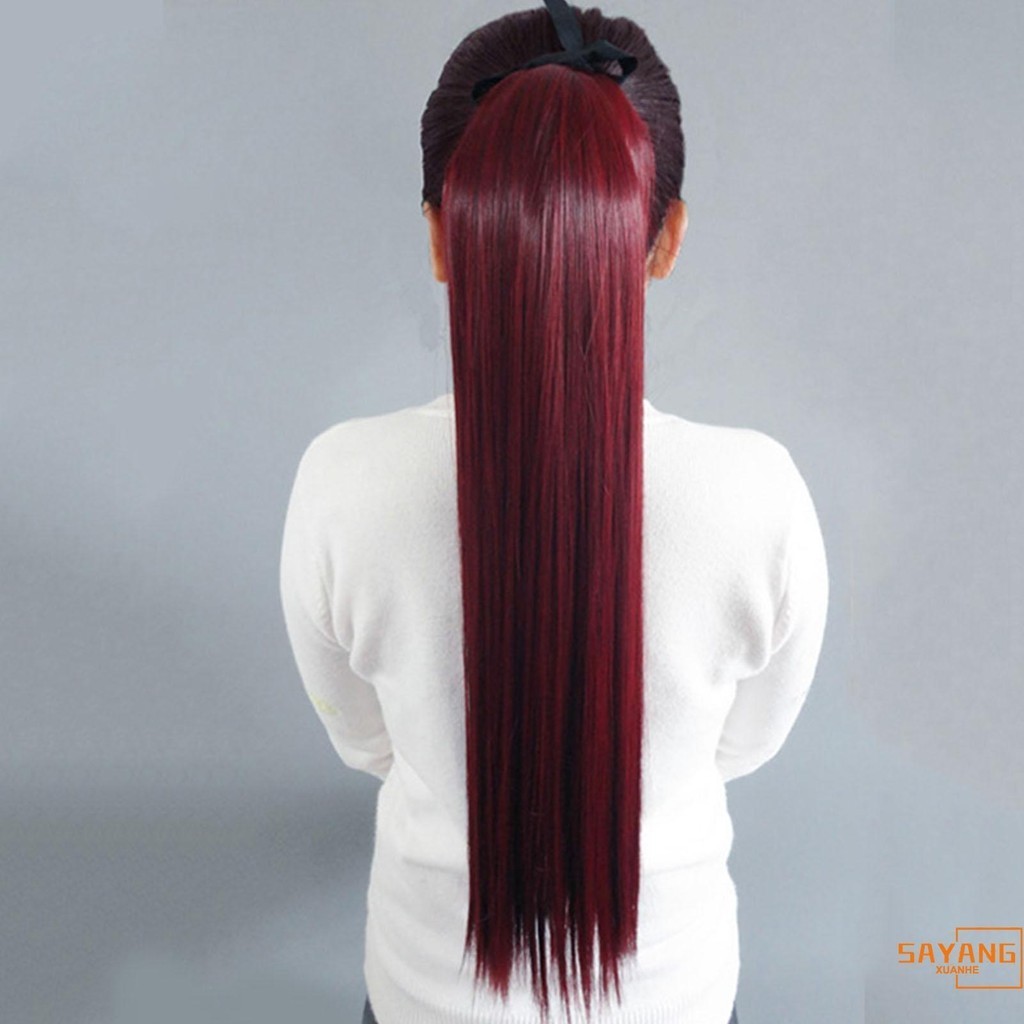 X-H วิกผมหางม้า แบบยาวตรง สีไวน์แดง พร้อมคลิปหนีบ แบบมองไม่เห็น